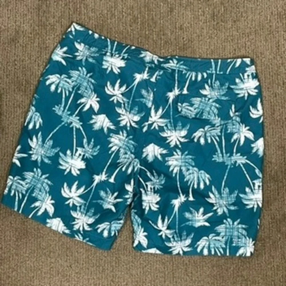 Onia Swim Shorts Mens 36 Teal White Palm Tree Tropical Beach Vacation 8 Inseam